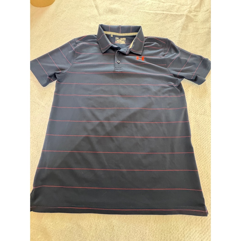 Under Armour Kids YXL Navy Blue Red Striped HeatGear Loose Polo Shirt Short SLV
